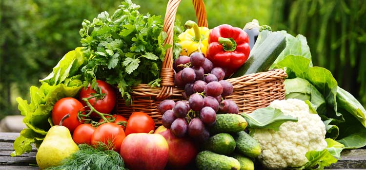 Fruits and veggies in a harvesting basket