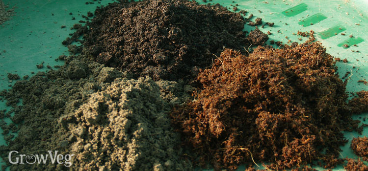 Homemade potting mix ingredients - loam, sand and coir (leafmold can also be used)