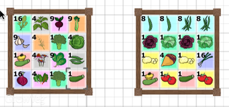 Square foot gardening beds drawn with the Garden Planner