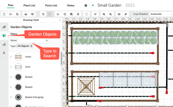 Select Garden Objects to layout your plan