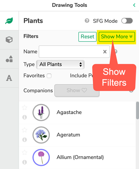 Open the filter to narrow the range of plants